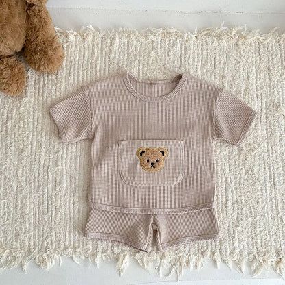 חליפת כותנה וופל בשילוב דובי - בנים, בנות